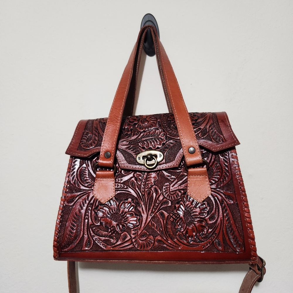 Hand Tooled Floral Leather Cofre/Coffin purse Tote Bag Canela/Cinnamon Color E01